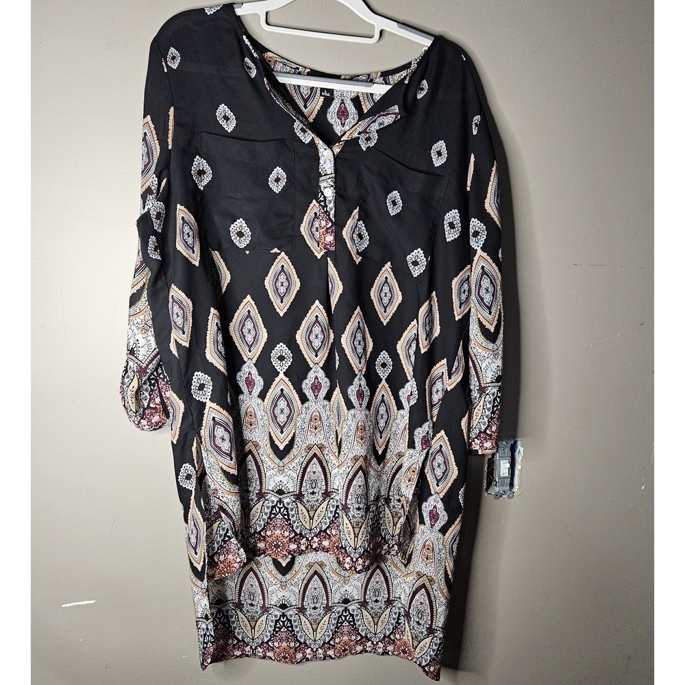 ROZ ALI Geometric Shift Top Black Multicolor V-Neck 3/4 Sleeve Knee L Ptp 23"